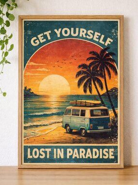 Vintage Beach Sunset Poster, Retro Travel Wall Art, Tropical Paradise Print